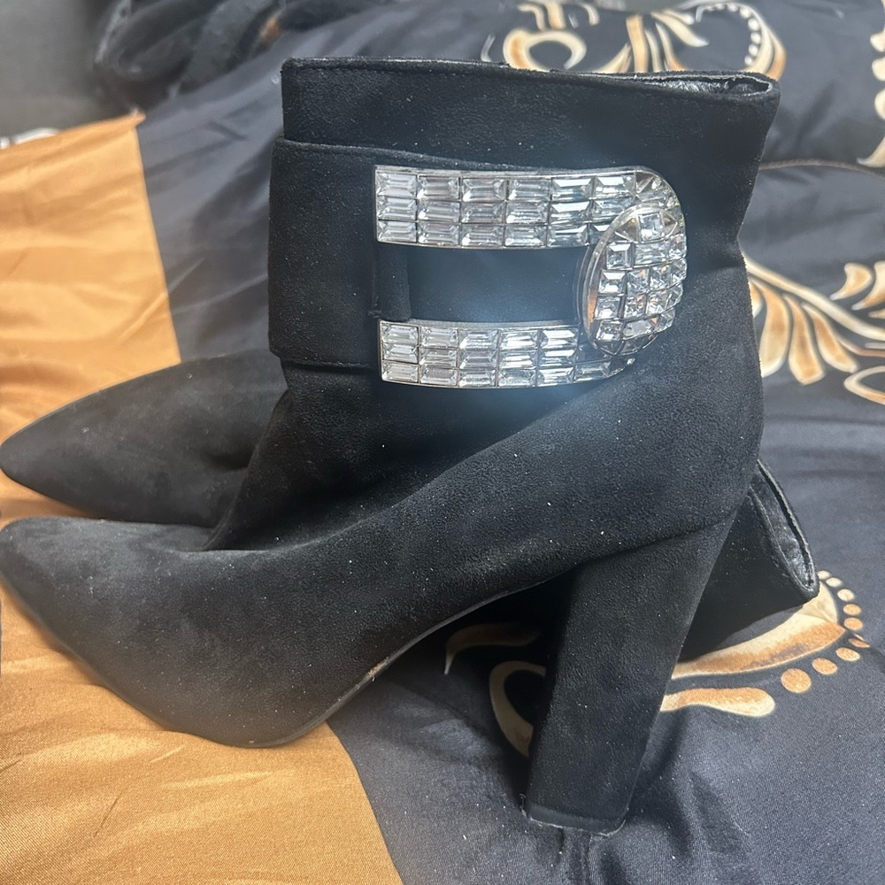 Elegant Black Suede Ankle Boots with Crystal Embellishment in good condition